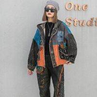 QING MO 2023 New Fashion Printed Knitted Stitched Loose Large Denim Coat Hooded Cardigan Jacket Women ZXF714