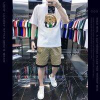 【hot seller】 European mens summer five-point short-sleeved t-shirt suit floral 2023 new two-piece set