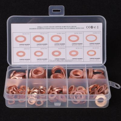 200PCS Copper Washers Gasket Set 9 Sizes Flat Ring Seal Kit With Plastic Box Dropship