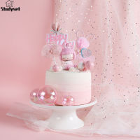 Studyset IN stock New Pink Bunny Ears Lace Cake Topper Rabbits Ears Princess Cake Toppers Happy Birthday Party Cake Topper Decorations