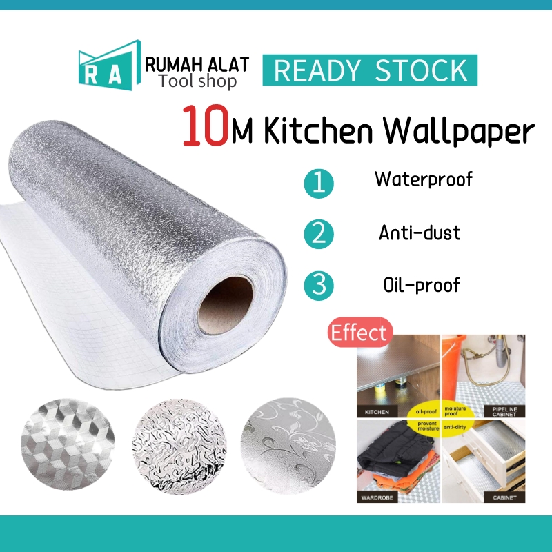 RA Malaysia In Stock 10M Kitchen Oil proof Wallpaper Aluminum Foil Water proof Stickers Kitchen DIY Adaptive Wall Paper Sticker Oil Proof Stickers for Dining Kitchen Wallpaper Stove Cabinet Wall Sticker Dapur Deko Penghadang Dapur
