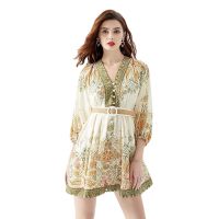 Womens Dress Fashion New 2023  Vacation Style V-neck Lantern Sleeve Printed Mini Dress