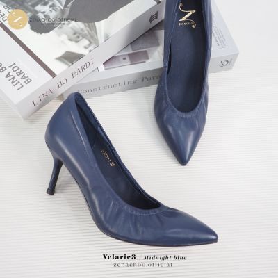 ทรงปกติ:เปลี่ยนไซส์ได้-ไม่รับคืน::Zenachoo Velarie3 สูง 3 นิ้ว Midnight blue รองเท้าหนังแกะแท้ ใส่สวยมาก รองเท้าส้นเข็ม หัวแหลม
