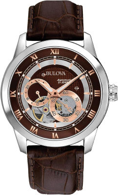 Bulova Classic Automatic Mens Stainless Steel with Leather Strap, Silver-Tone Silver Tone/ Brown Strap