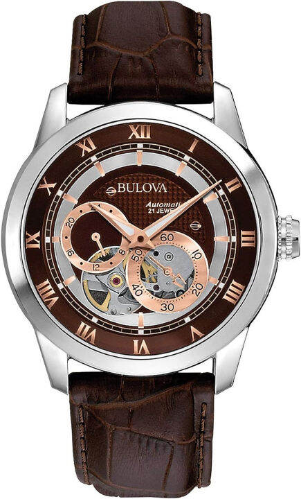 bulova-classic-automatic-mens-stainless-steel-with-leather-strap-silver-tone-silver-tone-brown-strap