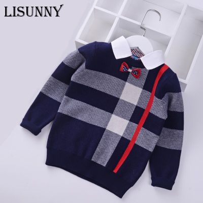 2023 Shirt collar Boys Sweaters Baby stripe Plaid Pullover Knit Kids Clothes Autumn Winter New Children Sweaters Boy Clothing