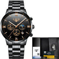 【☊HOT☊】 qiqinqi Lige นาฬิกาข้อมือสำหรับผู้ชาย Chronograph กีฬานาฬิกาผู้ชายกันน้ำเหล็กเต็มรูปแบบ Quartz Gold นาฬิกาผู้ชาย Masculino