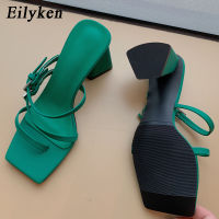 Eilyken New Summer Slippers Triangle Square Heels Slides Narrow Band Sandal Summer Outdoor Vacation Slides Flip Flops Mujer