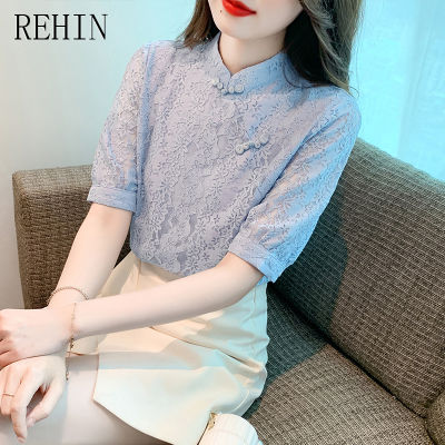 REHIN เวอร์ชันเกาหลีฤดูร้อนเสื้อผู้หญิง,เสื้อเชิ้ตแขนสั้นผ้าชิฟฟ่อนสีฟ้าสไตล์จีนผ้าชีฟองปกตั้ง