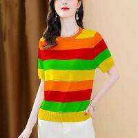 Slim Knitted Tshirt for Women Short Sleeve Stripe Tee Round Neck Short Sleeve T Shirt Korean Tops