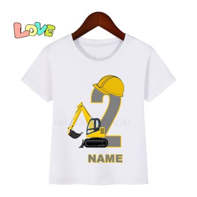 Baby Kids Cartoon Excavator Birthday Name Number Print T Shirt Kids Birthday Tshirt Boy Girl 100% Cotton T-shirt