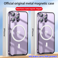 เคสป้องกันฟิล์มกระจกติดเลนส์ HD กรอบโลหะสุดหรูสำหรับ IPhone 14 Pro Max 14 Plus 13 12 Pro Max Frosted เคสตัวล็อคเครื่องคอมพิวเตอร์พีซีกันกระแทก Magsafe รองรับชาร์จไร้สาย