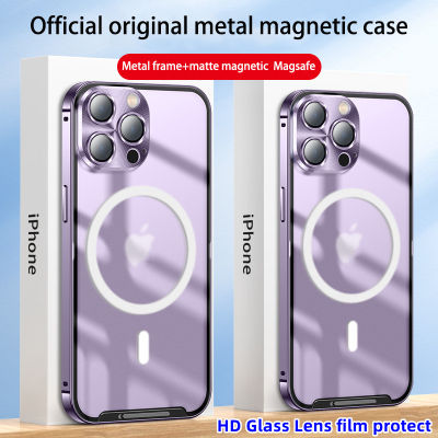 เคสป้องกันฟิล์มกระจกติดเลนส์ HD กรอบโลหะสุดหรูสำหรับ iPhone 15 Pro Max 14 Plus 13 Pro 12 Pro Max Frosted ฝาครอบกันกระแทกรองรับชาร์จไร้สาย Magsafe