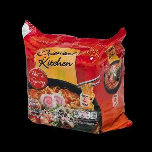 Mama Instant Noodles Oriental Kitchen Hot &amp; Spicy Flavour 80 g x 4.มาม่า ออเรียนทัลคิตเชน บะหมี่กึ่งสำเร็จรูป รสฮอตแอนด์สไปซี่ 80 กรัม x 4 ซอง