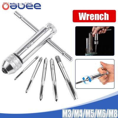 Ratchet Wrench Set Adjustable Silver T-Handle Ratchet Tap Holder Wrench with M3-M8 Machine Screw Thread Metric Plug T-shaped Tap