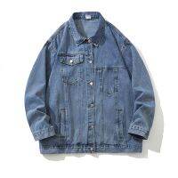 Jaket Denim Biru ผู้ชายกางเกงเสื้อแจ็คเก็ตลำลองสีดำของผู้ชายเสื้อนอกผ้ายีนส์หลวมฮิปฮอปปกสองชั้นลำลอง