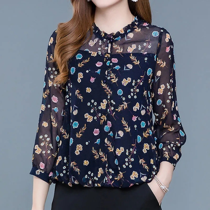 Women Floral Printed Chiffon Blouse Korean Style Lady Long Sleeve ...