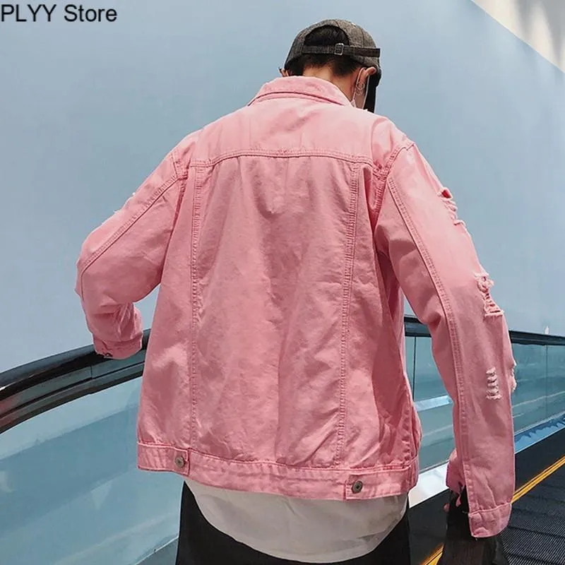 Denim Jacket Men Ripped Holes Mens Pink Jean Jackets New Garment Washed  Mens Denim Coat Designer Clothes From Sunshineavenue36518, $24.7