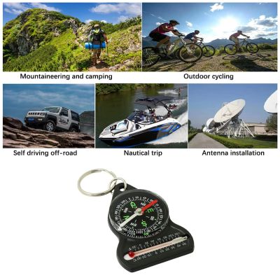：“{—— 3 In 1 Navigation Tool Thermometer Camping Pointer Positioning Device Keychain Direction Watch For Outdoor Hiking Travel