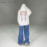 MAYCHEER เสื้อกันหนาวมีฮู้ดหลวมพิมพ์ลายตัวอักษร,สำหรับชายและหญิงเสื้อกันหนาวมีฮู้ดล้างใจ