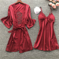 Sexy nightgown and bathrobe woman Lacy Trim V-neck Embroidery Silk Satin pajamas and bathrobes With Padded Summer night kit