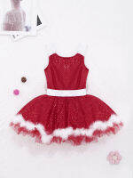 Kids Girls Sleeveless Sequins Tutu Dress Red Figure Ice Skating Dress Christmas Dance Costume Ballet Leotard Dresses