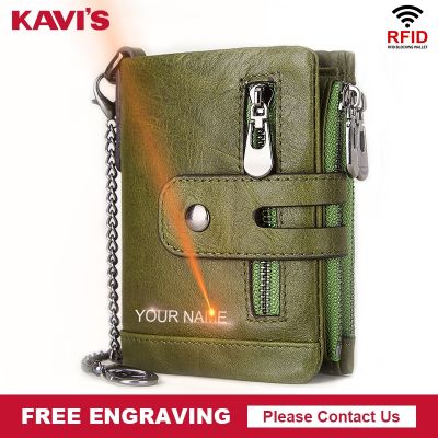 （Layor wallet）  KAVIS RfidCow LeatherMen กระเป๋าเงินเหรียญชาย Cuzdan ผลงานคน Portomonee SmallWaletName แกะสลัก