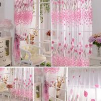 1 PC Tulip Window Screening Curtain Translucent Floral Print Curtain Door Room Divider Sheer Flower Window Drapes (200by100cm)