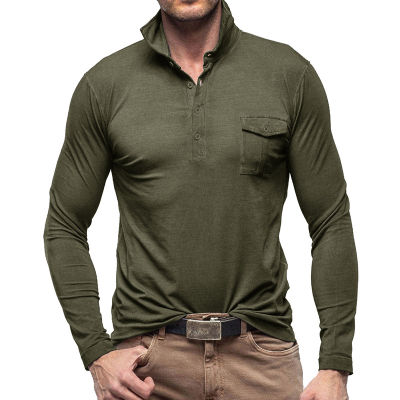 เสื้อโปโลแขนยาวสไตล์ฤดูใบไม้ร่วงผู้ชายสไตล์ฮาเรียนเสื้อโปโลกระดุมลำลอง Berdiri Kolar เสื้อยืดบางเฉียบลายกระเป๋าปะติด