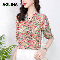 AOLINA เสื้อเสื้อชีฟองลายดอกไม้สีชมพูใหม่สำหรับผู้หญิงเสื้อคลุมท้องทรงหลวมเสื้อสไตล์เสื้อเชิ้ตตัวเล็กใหม่สำหรับฤดูร้อน2023