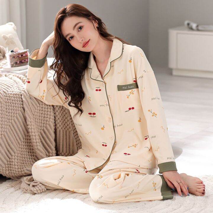 muji-high-quality-2023-new-pajamas-spring-and-autumn-womens-pure-cotton-pajamas-long-sleeved-can-be-worn-outside-the-high-end-home-service-large-size-suit