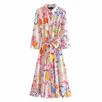 TRAF Za Green Long Dress Women Summer 2021 Fashion Print Shirt Dress Woman Belt Button Up Midi Dresses Vintage Casual Dresses