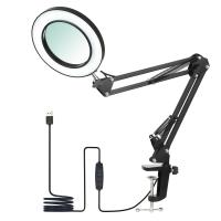 Flexible Clamp-on Table Lamp with 8x Magnifier Glass Swing Arm Dimmable Illuminated Magnifier LEDs Desk Light 3 Color Modes Lamp