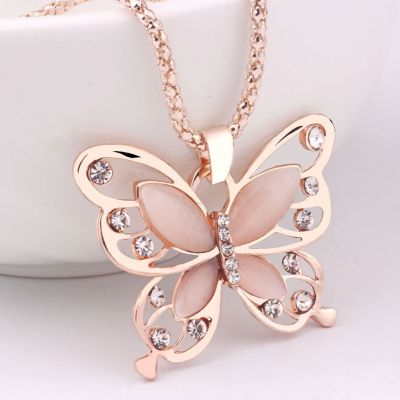 Delicate Lady Pink Plated Opal Crystal Butterfly Pendant Necklace Long Chain Hot
