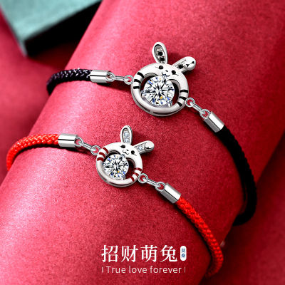 Moissanite Couple Bracelet Red Rope Lucky Rabbit 925 Sterling Silver National Fashion Birth Year Chinese Zodiac Sign Of Rabbit Woven Hand Strap