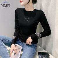 YIMEI เสื้อทีเชิ้ตสำหรับผู้หญิง,เสื้อคอตตอนแท้ยุโรป2023แฟชั่นใหม่เสื้อซับในมีแขนยาวสีดำฤดูใบไม้ร่วงและฤดูหนาวเสื้อผู้หญิงปิดผิวเสื้อขนาดใหญ่พิเศษ