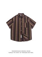 Japanese retro vertical striped short-sleeved shirt mens summer trendy brand loose all-match couple half-sleeved shirt 【BYUE】