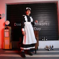 ♀ Black and white maid cosplay men and women with the same British style pearl line long cafe maid role-playing clothing