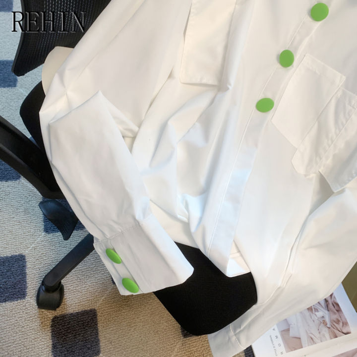 rehin-เสื้อผู้หญิงสีขาวแขนยาวลำลอง-เสื้อโปโลมีปกการออกแบบที่ไม่เหมือนใคร