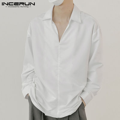 INCERUN เสื้อเฮนลีย์แขนยาวสำหรับผู้ชาย,เสื้อลำลองคอวีเสื้อใส่ไปงานปาร์ตี้ทางการเสื้อยืดอัจฉริยะ (สไตล์เกาหลี)