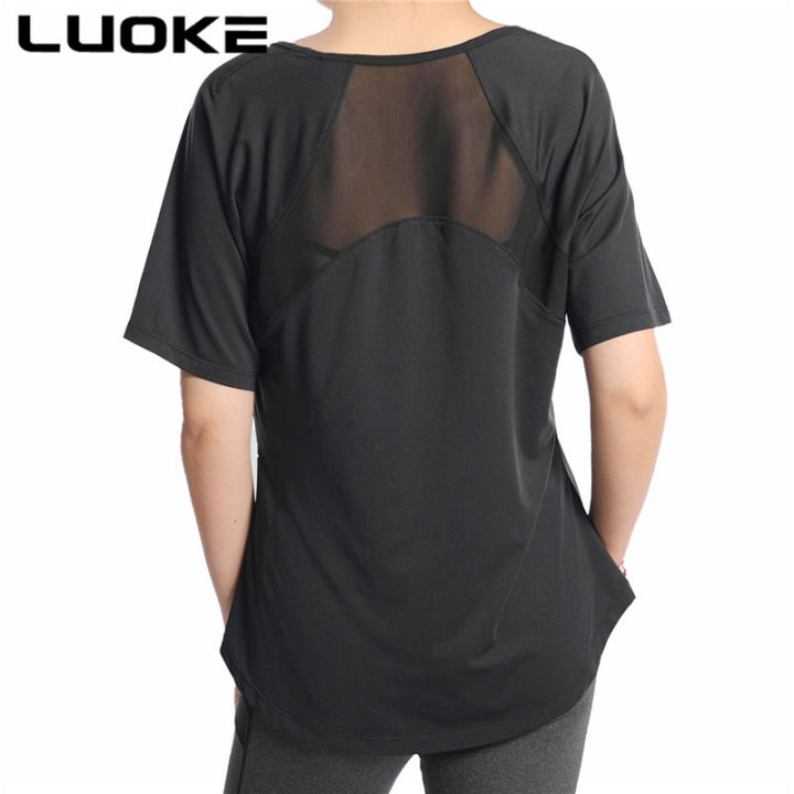 luoke-โยคะผู้หญิงผ้าพันคอแห้งเร็วระบายอากาศดีเสื้อยืดสองส่วนเสื้อวิ่งเสื้อแขนสั้นออกกำลังกายโยคะ