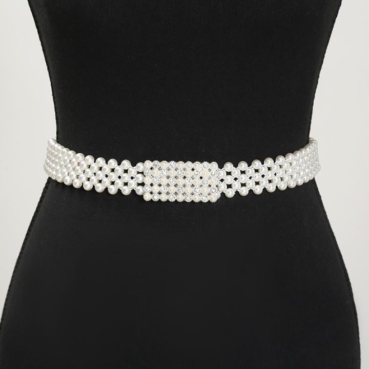 ladies-pearl-rhinestone-waist-chain-elastic-thin-belt-dress-matching-waistwear-simple