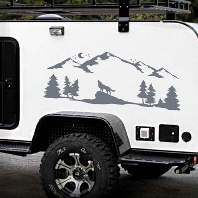 รถไวนิลรูปลอกสติกเกอร์สำหรับ SUV RV ค่ายออฟโร้ดหอนหมาป่าตกแต่งรถภูเขาสัตว์ป่าแสงจันทร์