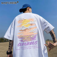 MAYCHEER   เสื้อลำลองแขนสั้นผู้ชายวินเทจแขนสั้นเสื้อยืดพิมพ์ลายคอกลมทรงหลวม