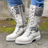 Womens Winter Side-pull Lace-up Knitted Mid-tube Boots Low-heeled Round-toe Boots High-quality Winter Warm Boots Botas De Mujer