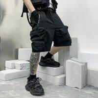 Unisex Knapsack Shorts Multi-Pocket Cargo Half Pants Elastic Waist Overalls Mens Clothing Harajuku Hiphop Streetwear Oversized