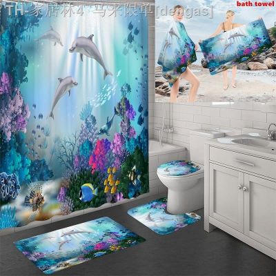 【CW】۩☌☌  Shower Curtain Set with Printed Non-Slip Rug Toilet Cover Soft Absorbing Beach Blanket