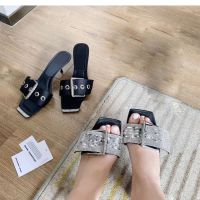 【high quality】original alexanderwangˉ 2022 new womens shoes high heels square toe buckle sandals sandals Yang Mi the same style rhinestone metal buckle slippers summer new style womens shoes slippers for women slides outside wear sandals for women