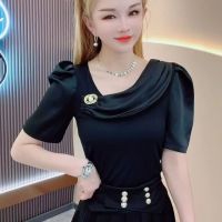 Women Blouse Summer Short Sleeve Black Shirt Korean Style Fashion Loose Elegant Tops