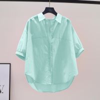 【Ready】? 100 pure cotton shirt womens short-sleeved 2023 summer new Korean style loose and thin lazy design trendy tops
